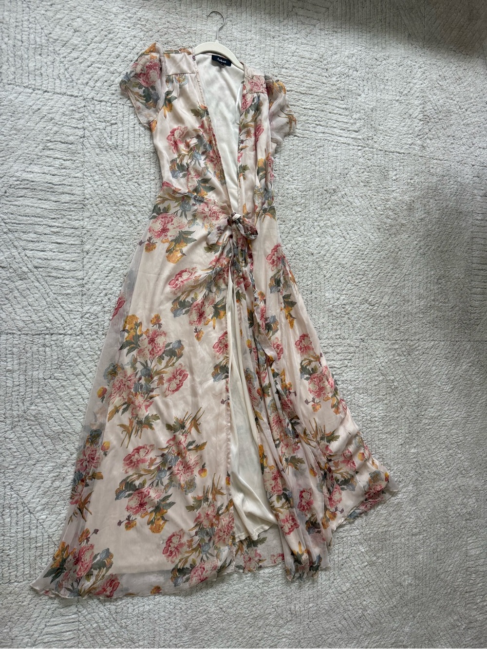 Aakaa Cream Floral Maxi Wrap Dress with Pink and Mustard Blooms